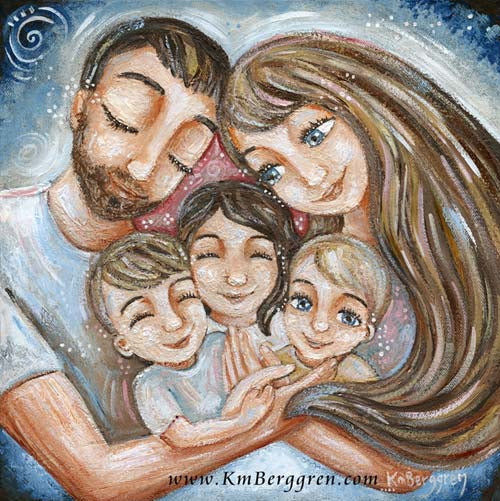 mother and father with three children, long light brown hair mom, dad with facial hair art, three brothers artwork, three kids and parents art print, customizable family of 5 art, personalized family art