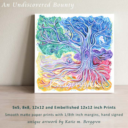 woman reading beneath beautiful colorful tree with birds and visual texture, warms and cools, organic patterns, kmberggren painting, paintings of trees and nature
