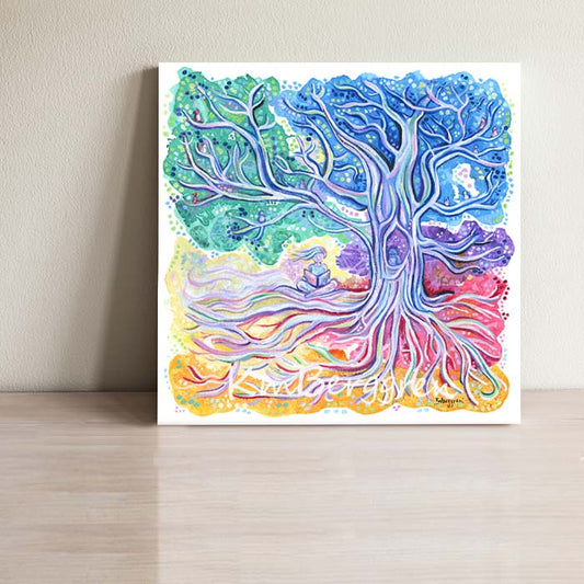 woman reading beneath beautiful colorful tree with birds and visual texture, warms and cools, organic patterns, kmberggren painting, paintings of trees and nature