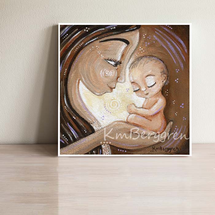 mother holding baby in her hand art print, bi-racial baby art, new baby gift for mom, mother and tiny baby, new mother gift, olive skinned mother and infant