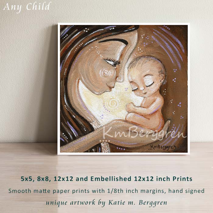 mother holding baby in her hand art print, bi-racial baby art, new baby gift for mom, mother and tiny baby, new mother gift, olive skinned mother and infant