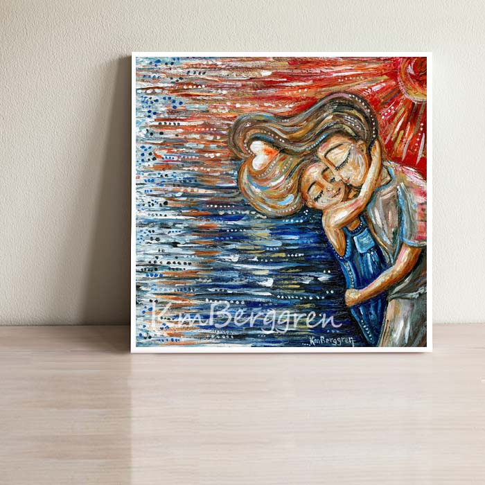 Mom with brown hair hugging blonde daughter on the beach art, personalized mom art, best friend art gift, hidden heart, blonde daughter brunette mother, warm art, water and sun print, wall decor for little girl's room