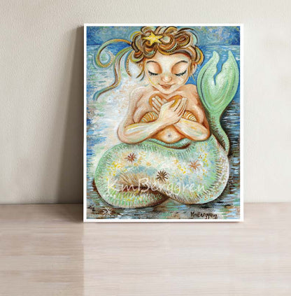 introspective lone heavyset full-figured mermaid with red blonde hair, blue water, green tail, orange heart and orange shells over her breasts, blonde plus size mermaid in blue water