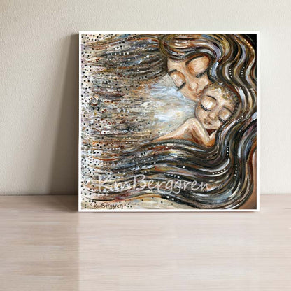 mom holding baby art print, long dark hair mother holding biracial blonde curly baby, wrapped in mama's hair intimate kmberggren maternity gift art print