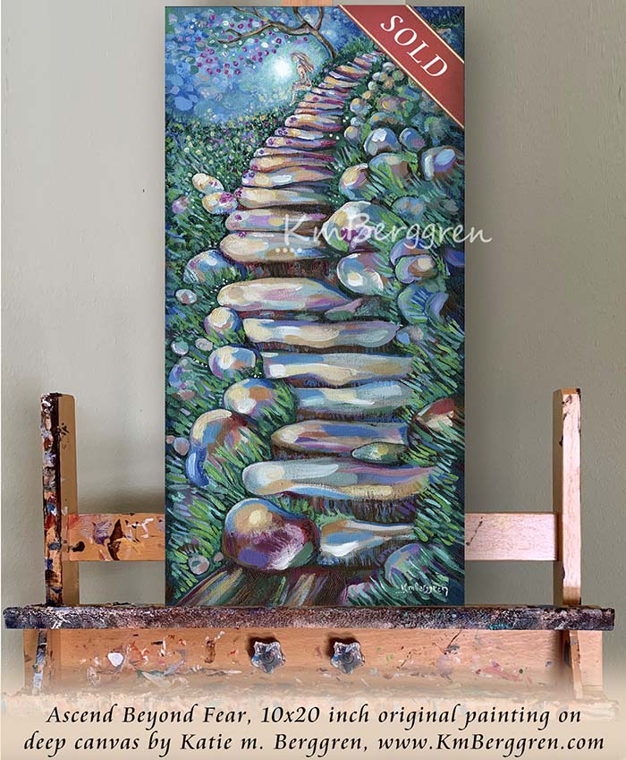 painting of woman climbing stone steps original painting by kmberggren, paintings of women, hopeful artwork, inspirational artwork for women, gifts for mom, art for women, paintings of stairs in nature, paintings of trees, paintings of rocks, kimberggren, kmberggren, katie berggren