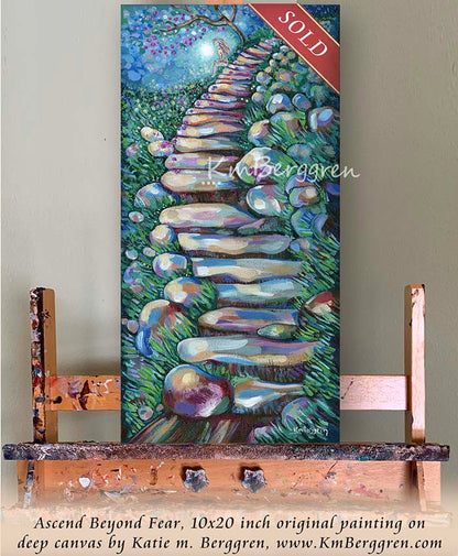 painting of woman climbing stone steps original painting by kmberggren, paintings of women, hopeful artwork, inspirational artwork for women, gifts for mom, art for women, paintings of stairs in nature, paintings of trees, paintings of rocks, kimberggren, kmberggren, katie berggren