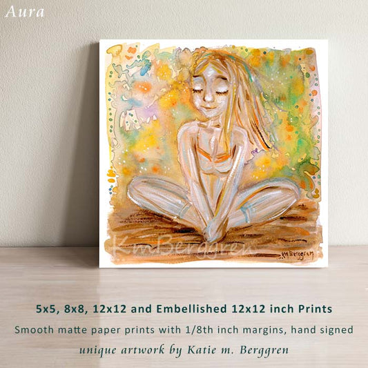 A confident and happy young woman, positive artwork, sitting in a yoga pose with a golden watery dream-like background. Yoga Art. Powerful girl gift. Confident young woman art. Beautiful and Sentimental girl gifts.
