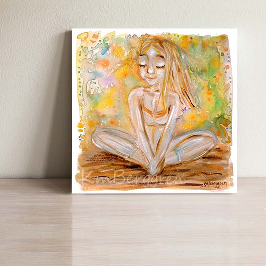 A confident and happy young woman, positive artwork, sitting in a yoga pose with a golden watery dream-like background. Yoga Art. Powerful girl gift. Confident young woman art. Beautiful and Sentimental girl gifts.