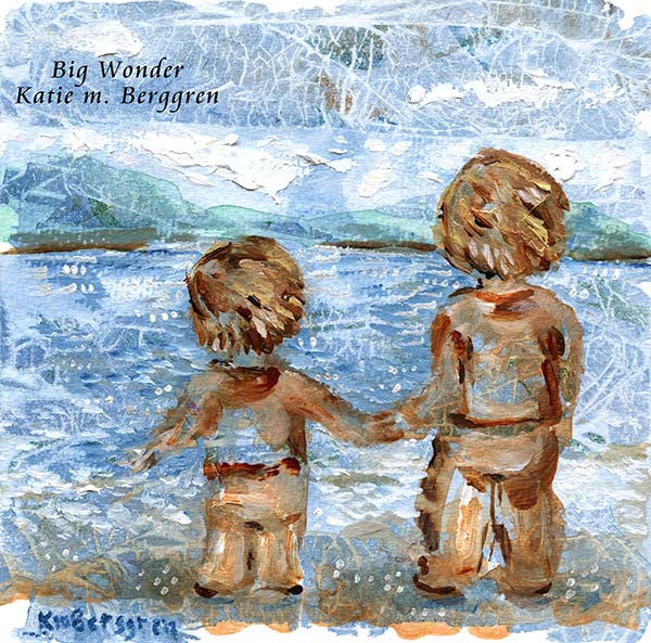 art of two kids on the beach, brother sister backview on beach art, beach painting with two kids, mother of 2 beach art, blue sea, blonde children on beach, painting of kids on beach for mom