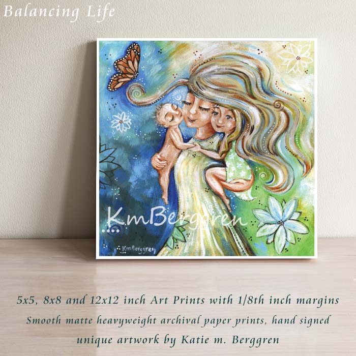 blonde mom with naked baby and blonde daughter art, big flowers and butterfly mom and babies artwork, sunshine day wall decor, baby room frameable print, wall art for mom's office