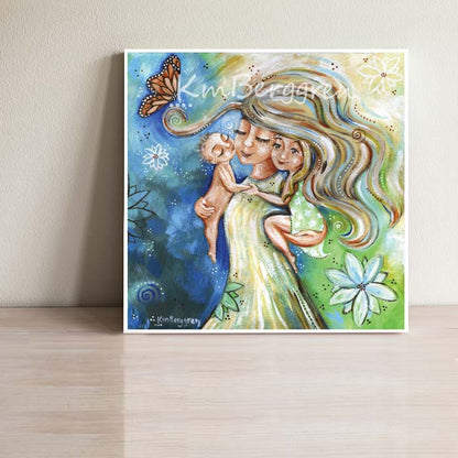 blonde mom with naked baby and blonde daughter art, big flowers and butterfly mom and babies artwork, sunshine day wall decor, baby room frameable print, wall art for mom's office