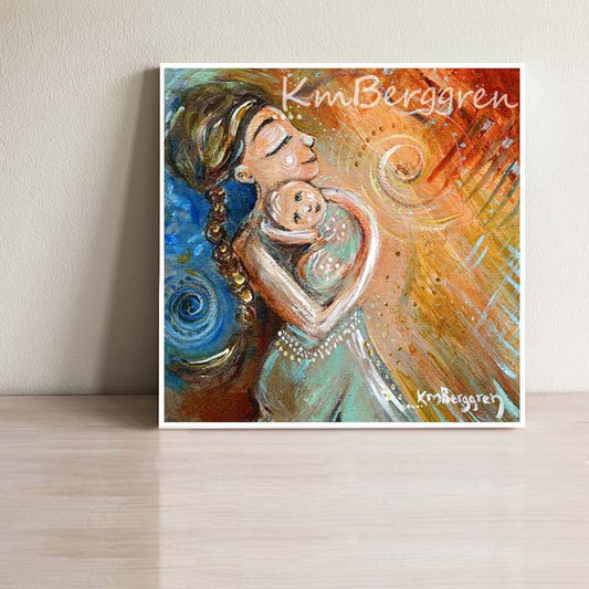 mama carrying smiling baby art, warm sun and cool blue artwork for mom's room, inspirational painting of woman holding new baby, brunette mom