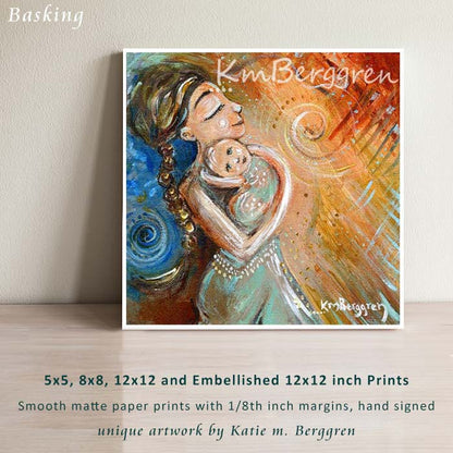 mama carrying smiling baby art, warm sun and cool blue artwork for mom's room, inspirational painting of woman holding new baby, brunette mom