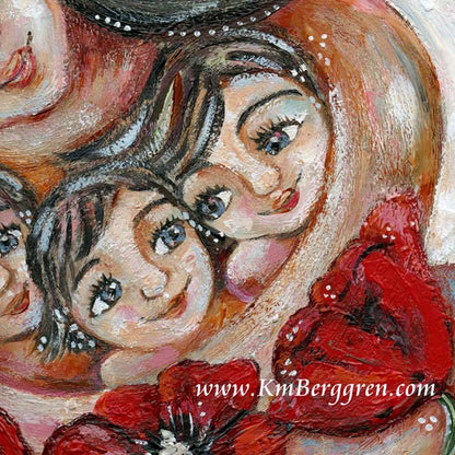 mother hodling three brunette children with big red poppy flowers art print by KmBergren
