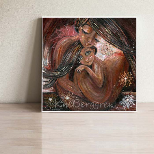 black mother and daughter long dark hair cuddling skin to skin, sparkly brown eyes, moon on cheek, butterfly and flowers art print, strong women painting