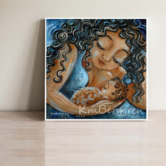 black curly hair brown skin mother nursing a tiny curly haired baby, premature tiny breastfeeding baby in mama's arms, intimate and tender nursing painting by kmberggren