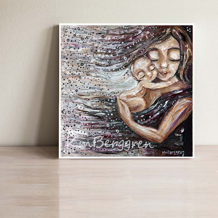 baby against mom's face artwork, burgundy and black expressive artwork, brunette mom and bald baby, cheek to cheek, intimate artwork for mom, inspirational wall decor for mom's room