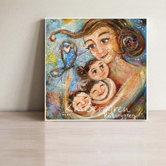 Mother with three children and butterfly blue art print