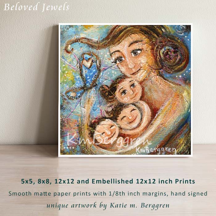 Mother with three children and butterfly blue art print