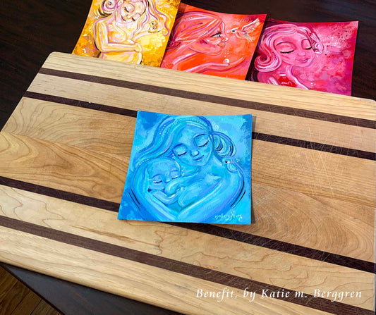 light blue painting of mother breastfeeding child, mom and new baby painting, artwork of mom and baby, new baby gift, new baby with bird art, sky blue art print, blue wall decor, hopeful art for moms, kmberggren, km berggren, nursing artwork, painting of breast feed, lactation room art