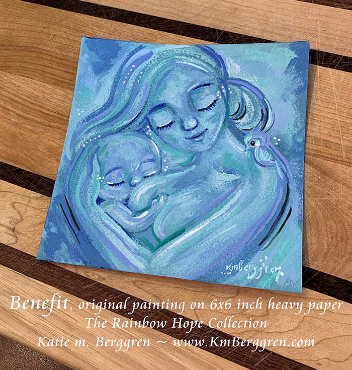 light blue painting of mother breastfeeding child, mom and new baby painting, artwork of mom and baby, new baby gift, new baby with bird art, sky blue art print, blue wall decor, hopeful art for moms, kmberggren, km berggren, nursing artwork, painting of breast feed, lactation room art