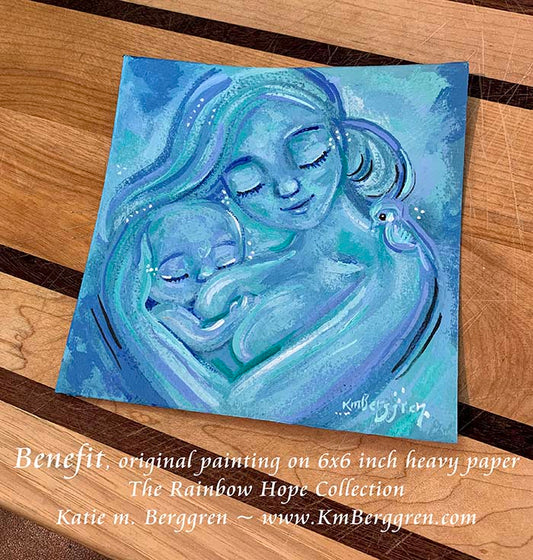 light blue painting of mother breastfeeding child, mom and new baby painting, artwork of mom and baby, new baby gift, new baby with bird art, sky blue art print, blue wall decor, hopeful art for moms, kmberggren, km berggren, nursing artwork, painting of breast feed, lactation room art