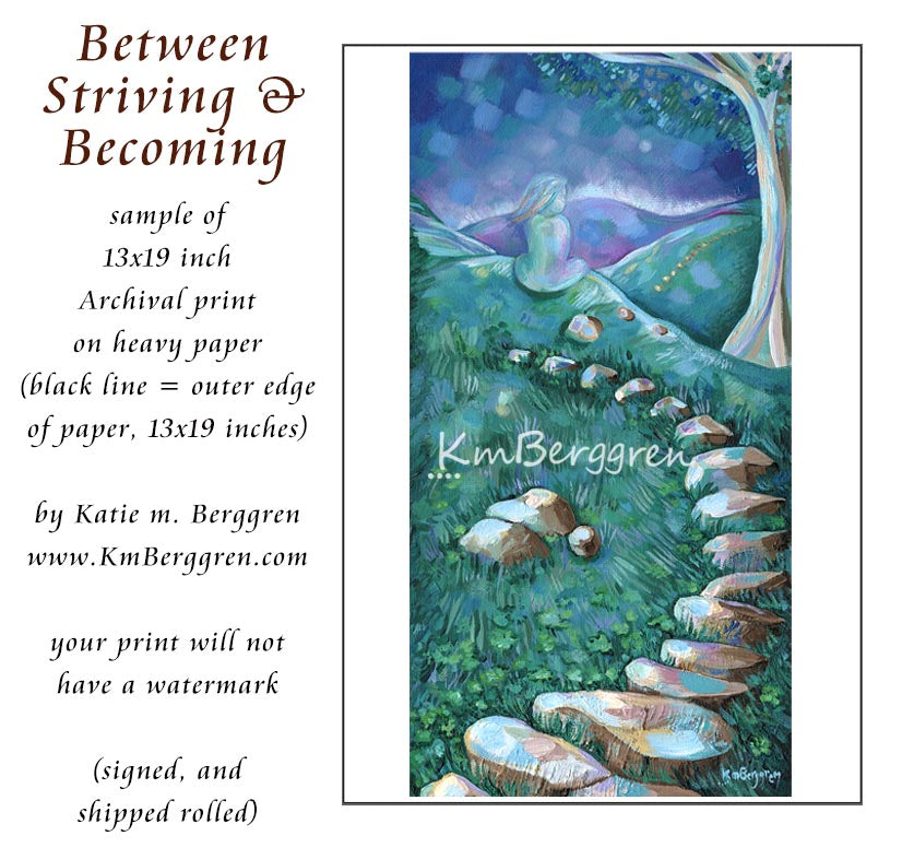 painting of woman sitting on a hill at the top of stone steps, print from an original painting by kmberggren, paintings of women, hopeful artwork, inspirational artwork for women, gifts for mom, art for women, paintings of stairs in nature, paintings of trees, paintings of rocks, kimberggren, kmberggren, katie berggren