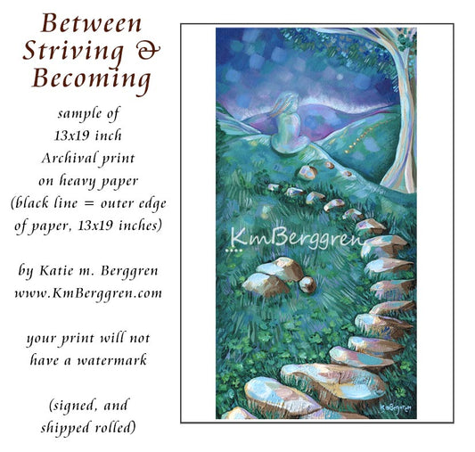 painting of woman sitting on a hill at the top of stone steps, print from an original painting by kmberggren, paintings of women, hopeful artwork, inspirational artwork for women, gifts for mom, art for women, paintings of stairs in nature, paintings of trees, paintings of rocks, kimberggren, kmberggren, katie berggren