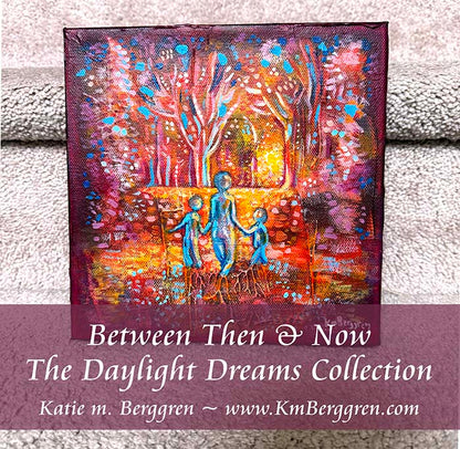 parent and 2 children walking in vivid magical forest with roots at their feet, brilliant trees, bright happy optimistic art, positive painting, mother and child artwork by kmberggren, kimberggren, katie m. berggren