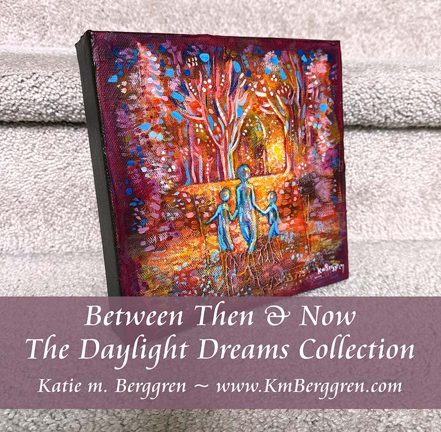 parent and 2 children walking in vivid magical forest with roots at their feet, brilliant trees, bright happy optimistic art, positive painting, mother and child artwork by kmberggren, kimberggren, katie m. berggren