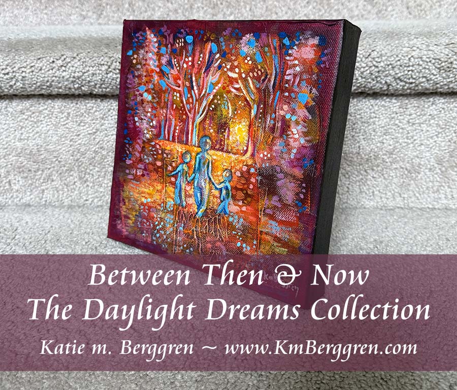 parent and 2 children walking in vivid magical forest with roots at their feet, brilliant trees, bright happy optimistic art, positive painting, mother and child artwork by kmberggren, kimberggren, katie m. berggren