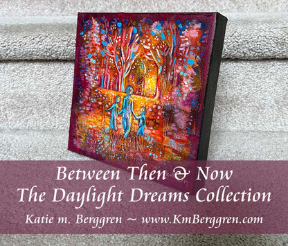 parent and 2 children walking in vivid magical forest with roots at their feet, brilliant trees, bright happy optimistic art, positive painting, mother and child artwork by kmberggren, kimberggren, katie m. berggren