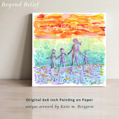 mother and three 3 children on the beach art, coast artwork, paintings of the beach with family, mom and kids on beach art, kids at beach painting, peaceful art for mom, turquoise orange and purple painting, aqua orange and purple wall decor, abstract beach art, expressionist art of beach and family, kids on beach abstract