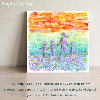 mother and three 3 children on the beach art, coast artwork, paintings of the beach with family, mom and kids on beach art, kids at beach painting, peaceful art for mom, turquoise orange and purple painting, aqua orange and purple wall decor, abstract beach art, expressionist art of beach and family, kids on beach abstract