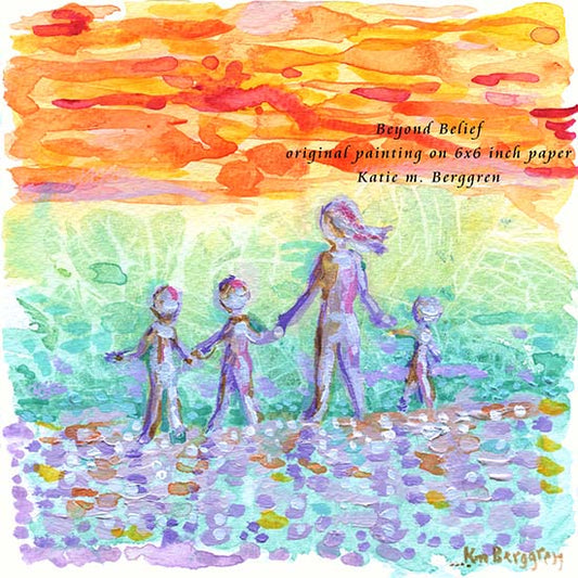 mother and three 3 children on the beach art, coast artwork, paintings of the beach with family, mom and kids on beach art, kids at beach painting, peaceful art for mom, turquoise orange and purple painting, aqua orange and purple wall decor, abstract beach art, expressionist art of beach and family, kids on beach abstract