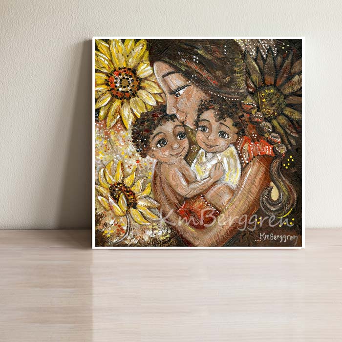 brown mother and 2 boys print with big yellow sunflowers and braided hair by KmBerggren