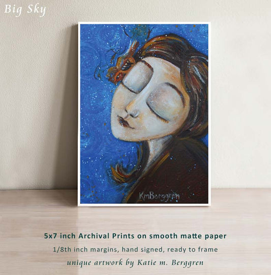 empowered woman emerald blue artwork with jeweled bird on her head and blue sky by KmBerggren