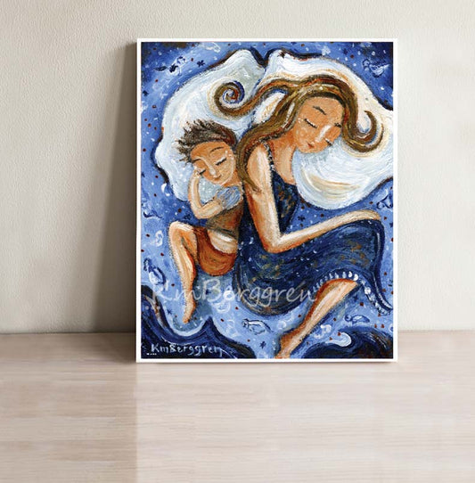 blue art print of mother sleeping back to back with son in blue bed