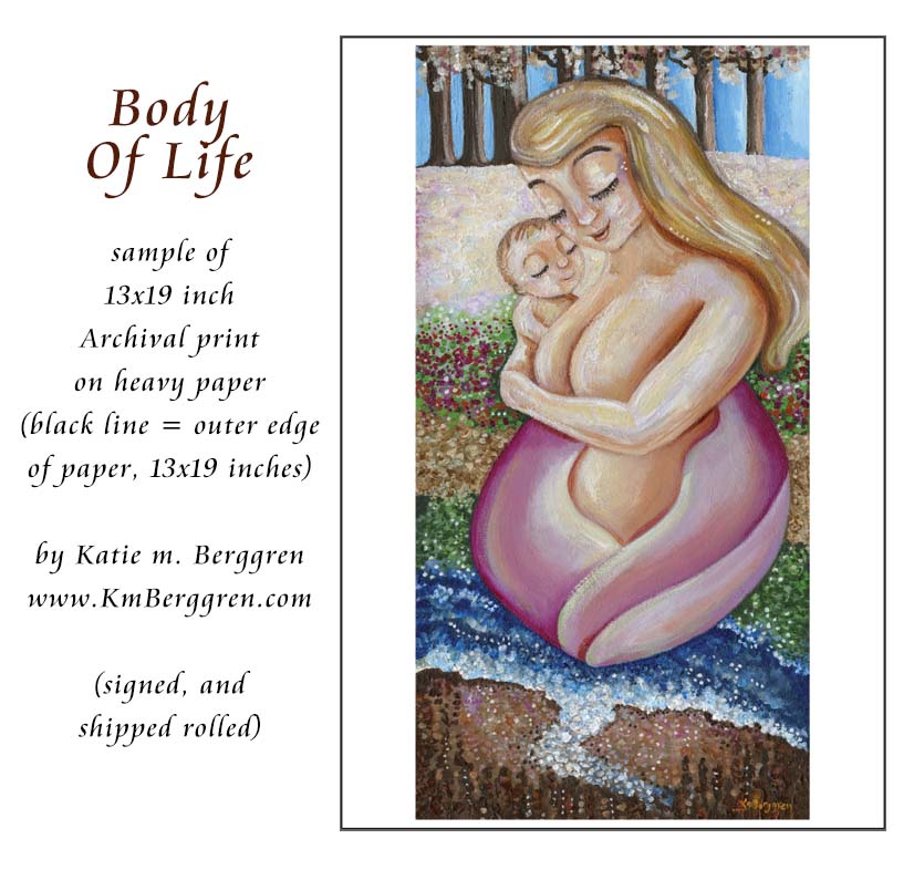 plus-size woman mother with blonde hair, blond mom and new baby, full-figure mom, naked mother and child, woman in nature, mom and baby in nature, artwork with trees and flowers, paintings of nature and women, family in nature art, gift for new mom, new baby artwork, kmberggren, km berggren, katie m. berggren artwork, motherhood art