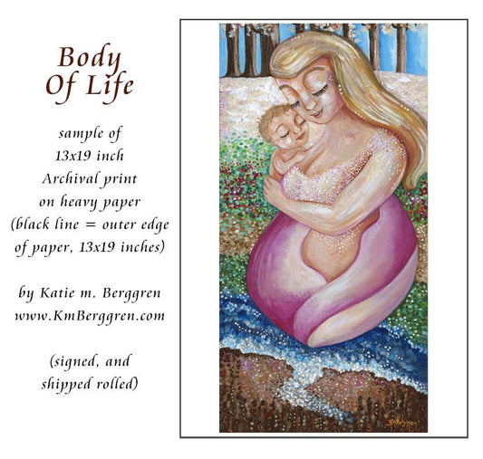 plus-size woman mother with blonde hair, blond mom and new baby, full-figure mom, naked mother and child, woman in nature, mom and baby in nature, artwork with trees and flowers, paintings of nature and women, family in nature art, gift for new mom, new baby artwork, kmberggren, km berggren, katie m. berggren artwork, motherhood art