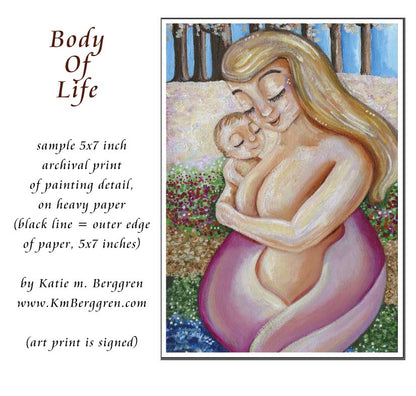 plus-size woman mother with blonde hair, blond mom and new baby, full-figure mom, naked mother and child, woman in nature, mom and baby in nature, artwork with trees and flowers, paintings of nature and women, family in nature art, gift for new mom, new baby artwork, kmberggren, km berggren, katie m. berggren artwork, motherhood art