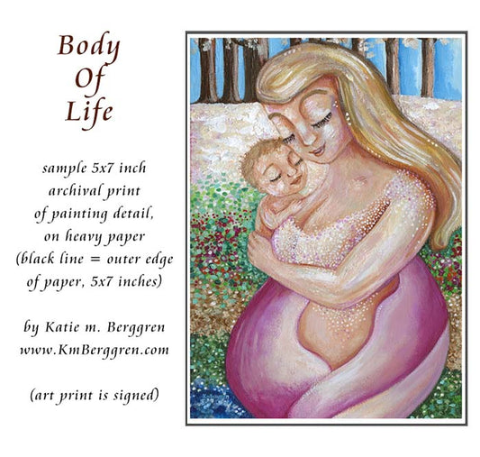 plus-size woman mother with blonde hair, blond mom and new baby, full-figure mom, naked mother and child, woman in nature, mom and baby in nature, artwork with trees and flowers, paintings of nature and women, family in nature art, gift for new mom, new baby artwork, kmberggren, km berggren, katie m. berggren artwork, motherhood art