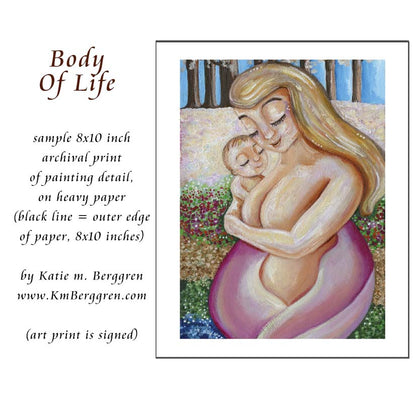 plus-size woman mother with blonde hair, blond mom and new baby, full-figure mom, naked mother and child, woman in nature, mom and baby in nature, artwork with trees and flowers, paintings of nature and women, family in nature art, gift for new mom, new baby artwork, kmberggren, km berggren, katie m. berggren artwork, motherhood art