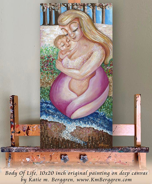 plus-size woman mother with blonde hair, blond mom and new baby, full-figure mom, naked mother and child, woman in nature, mom and baby in nature, artwork with trees and flowers, paintings of nature and women, family in nature art, gift for new mom, new baby artwork, kmberggren, km berggren, katie m. berggren artwork, motherhood art