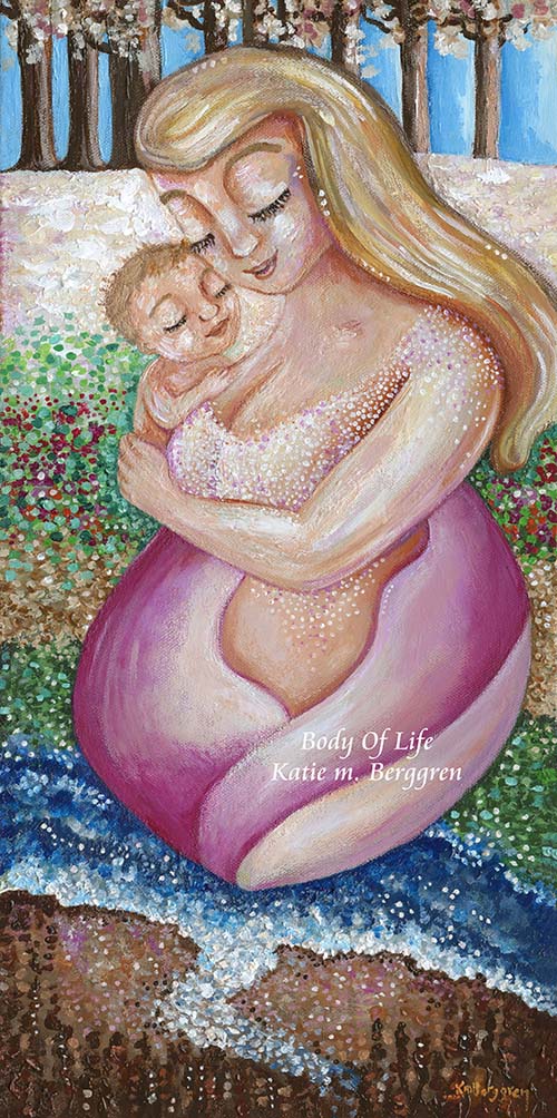 plus-size woman mother with blonde hair, blond mom and new baby, full-figure mom, naked mother and child, woman in nature, mom and baby in nature, artwork with trees and flowers, paintings of nature and women, family in nature art, gift for new mom, new baby artwork, kmberggren, km berggren, katie m. berggren artwork, motherhood art