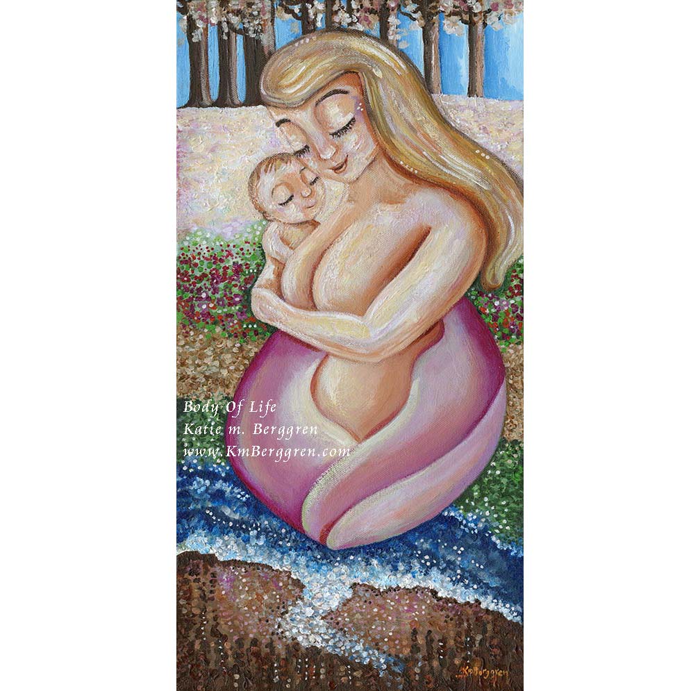 plus-size woman mother with blonde hair, blond mom and new baby, full-figure mom, naked mother and child, woman in nature, mom and baby in nature, artwork with trees and flowers, paintings of nature and women, family in nature art, gift for new mom, new baby artwork, kmberggren, km berggren, katie m. berggren artwork, motherhood art