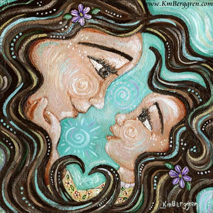 brunette brown haired mother with brown eyes and brown eyed daughter with brown hair, face to face, eye to eye, long wavy hair with purple flowers, intimate mom and daughter artwork