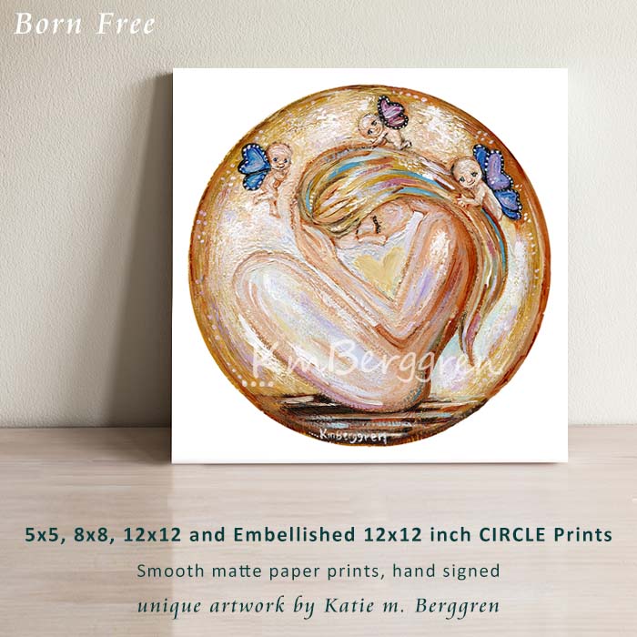 blonde mother, gold artwork of grieving mom with 3 bald naked angel winged babies hovering over her, connected with mommy, circle artwork gold with jewel tones by kmberggren