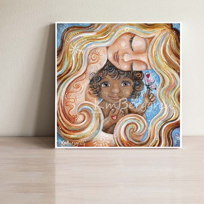 art image of blonde mother holding african american child with curly hair and butterfly on finger, adoption artwork, open adoption, biracial child, bi-racial baby with blonde mama