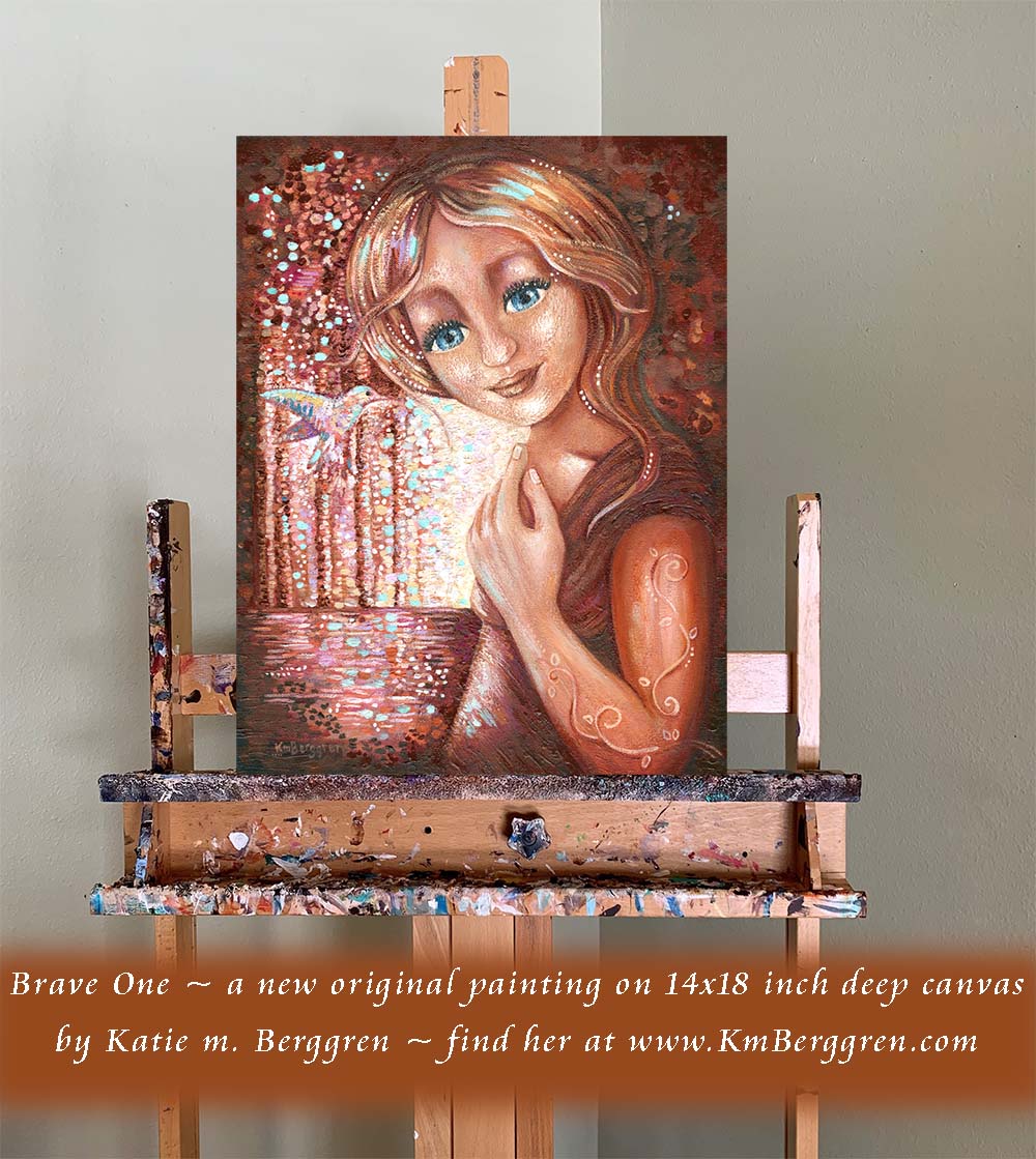 a gorgeous young woman with blue eyes and a hummingbird, painting of a beautiful woman with her hand on her heart, woman in the woods, sparkly whimsical painting, blue eyed daughter art, blonde hair blue eyes painting, km berggren, kmberggren, katiemberggren, paintings of women